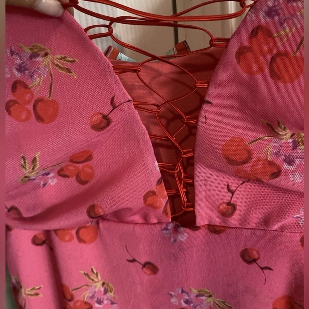 Urban Outfitters BNWT Pink Cherries Lace-Up Mini Dress - Picture 5 of 6